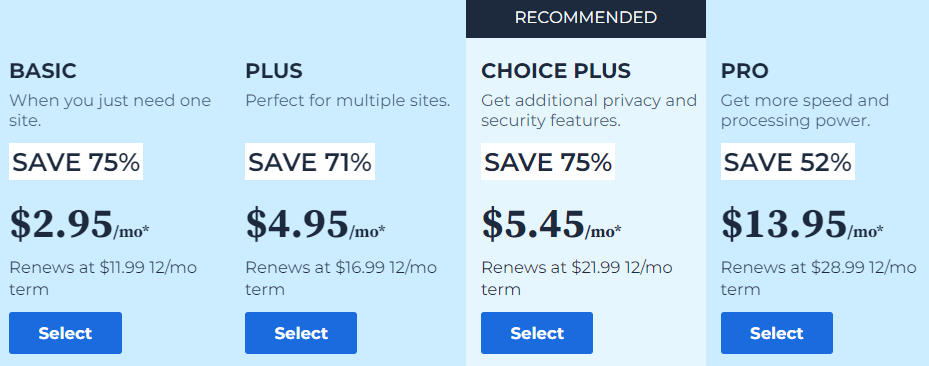 Bluehost vs SiteGround: Bluehost pricing