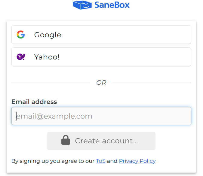 SaneBox HubSpot: Sanebox sign up page