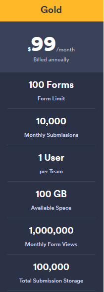 Jotform pricing: Gold plan