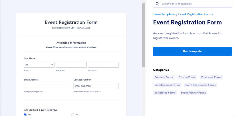 Jotform pricing: Event registration form