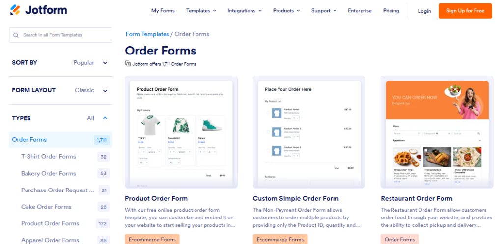 Jotform pricing: Order forms