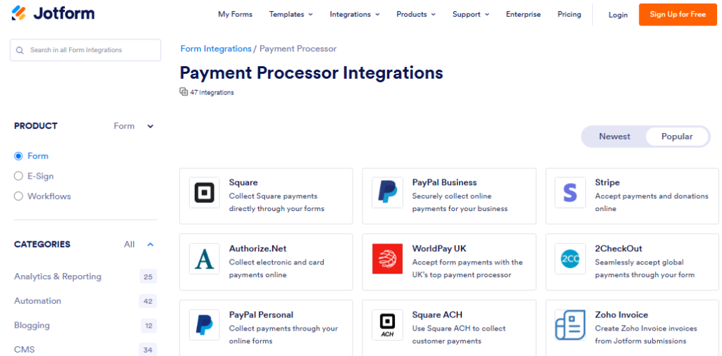 Jotform pricing: Payment processor