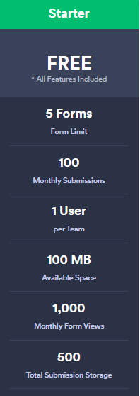 Jotform pricing: Starter plan