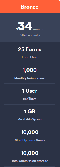 Jotform pricing: Bronze plan