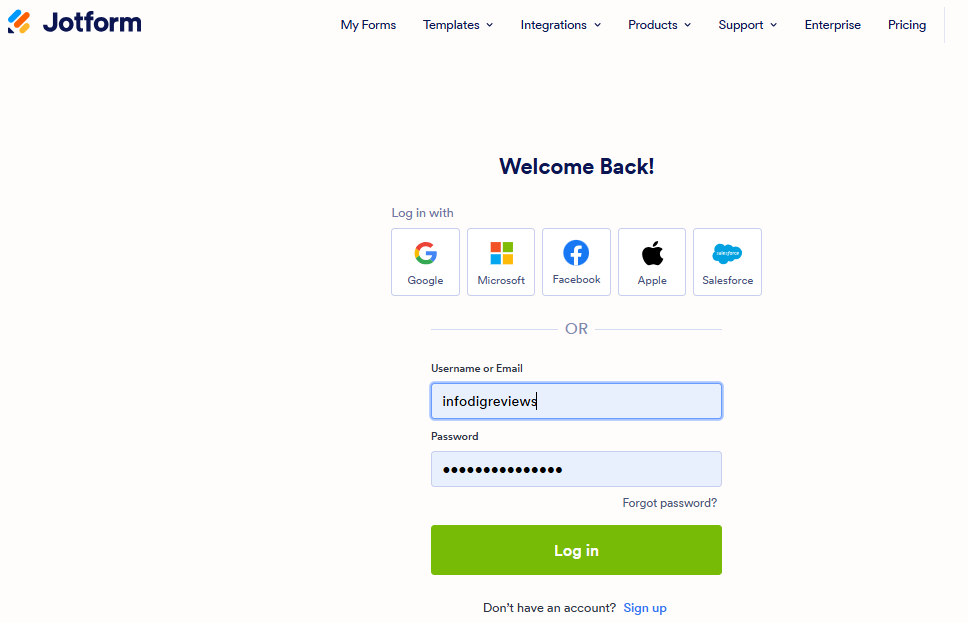 Jotform login page