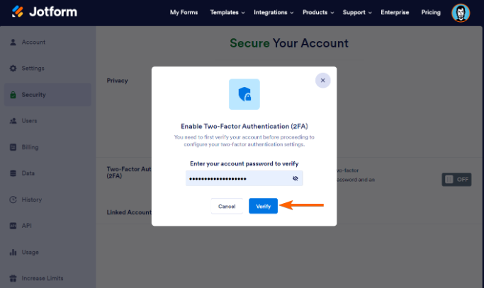 Jotform login: Jotform 2-factor authentication