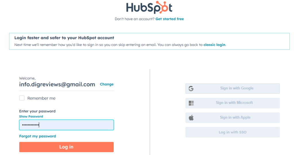  HubSpot login page: Enter email and password