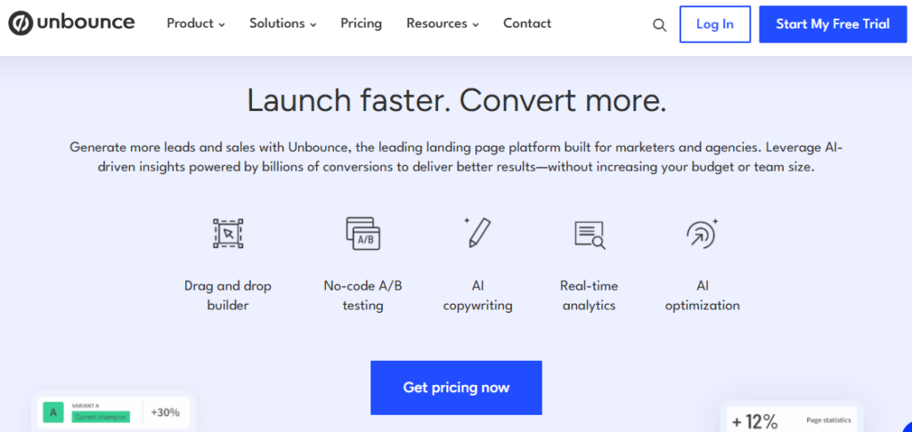 Does Teachable have landing pages: Unbounce interface