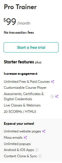  LearnWorlds pricing: Pro trainer plan