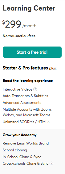  LearnWorlds pricing: Learning center plan