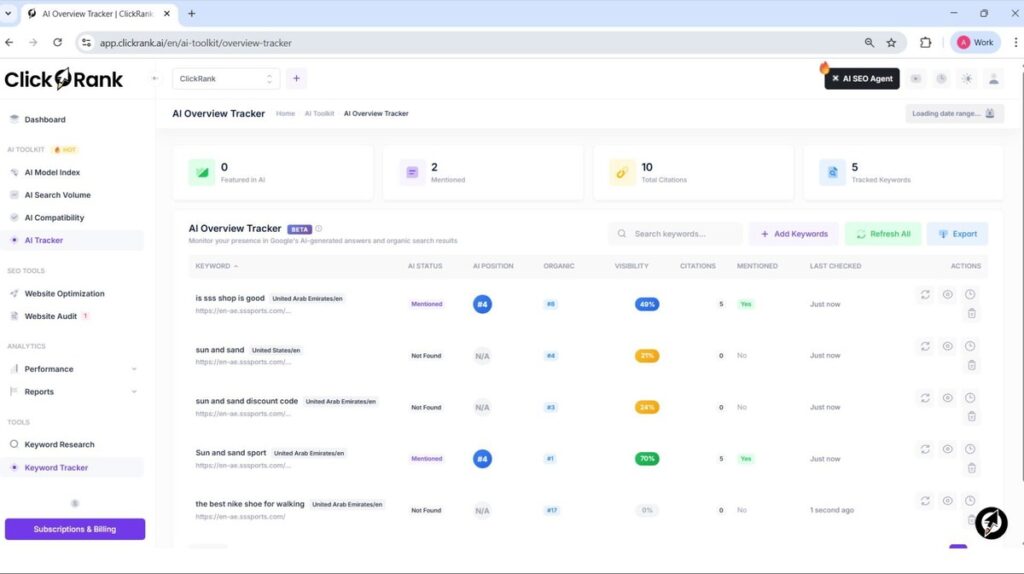 ClickRank AI SEO audit dashboard